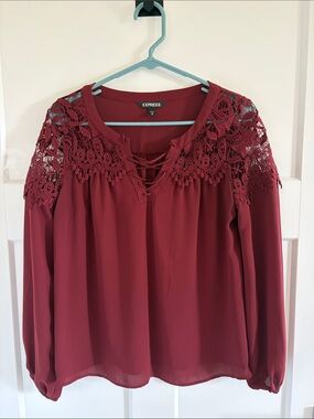 Express Lace-Shoulder Long Sleeve Blouse - Wine